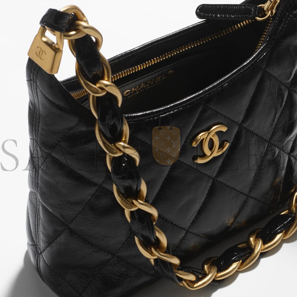 CHANEL MASTER SMALL HOBO BAGSHINY LAMBSKIN GOLDTONE METALLIC BLACK AS4922 (22.5*19.5*8.5cm)